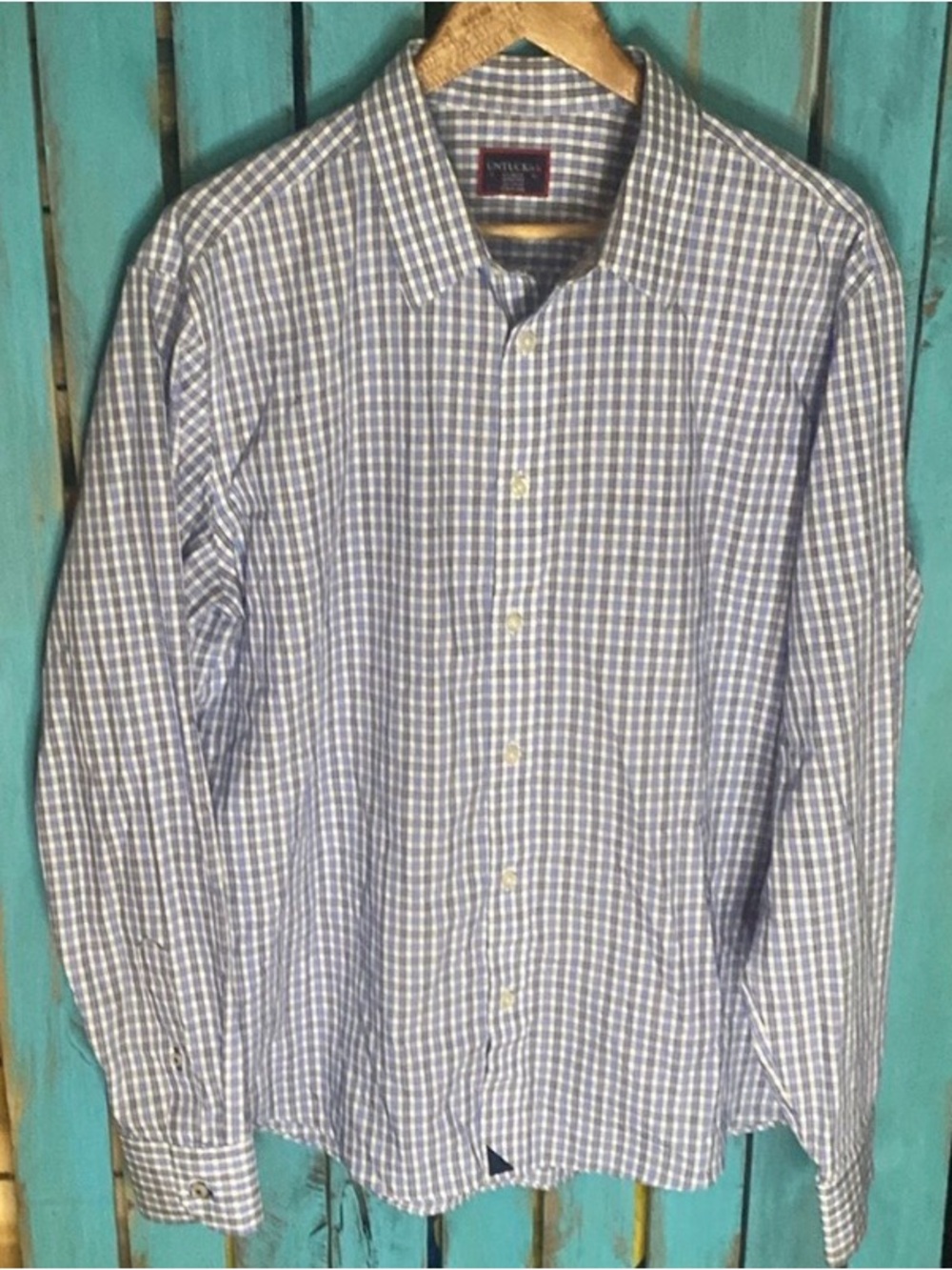 UNTUCKit button down shirt size XL blue gray white tattersall pattern cotton